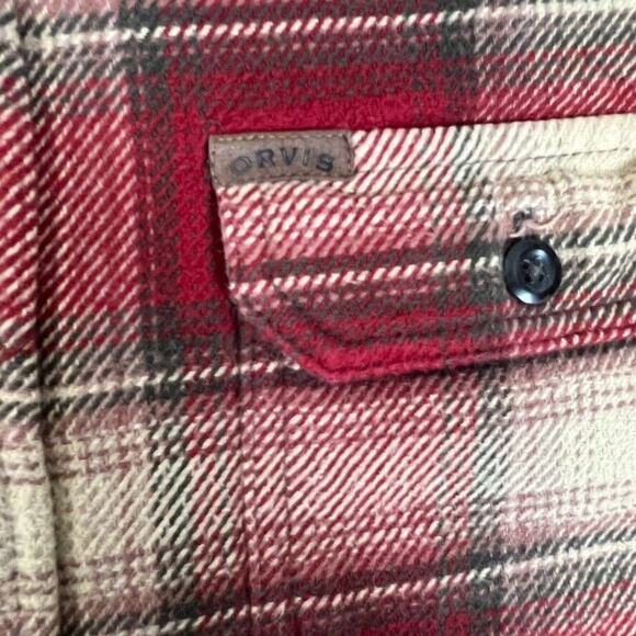 Orvis Shirt Jacket Mens L Heavy Flannel Shacket Hand Pockets Red Plaid Button - Picture 6 of 7